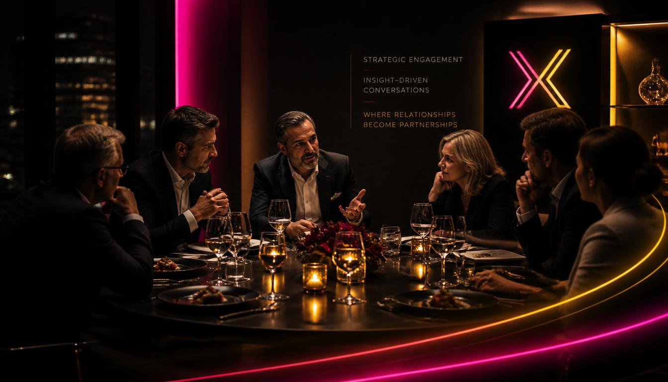 A cinematic private dining scene showing senior executives in a focused, insight‑driven conversation. The environment is warm, intentional, and high‑end, with elegant table styling and subtle lighting accents to convey that executive dinners function as strategic engagement assets rather than hospitality.