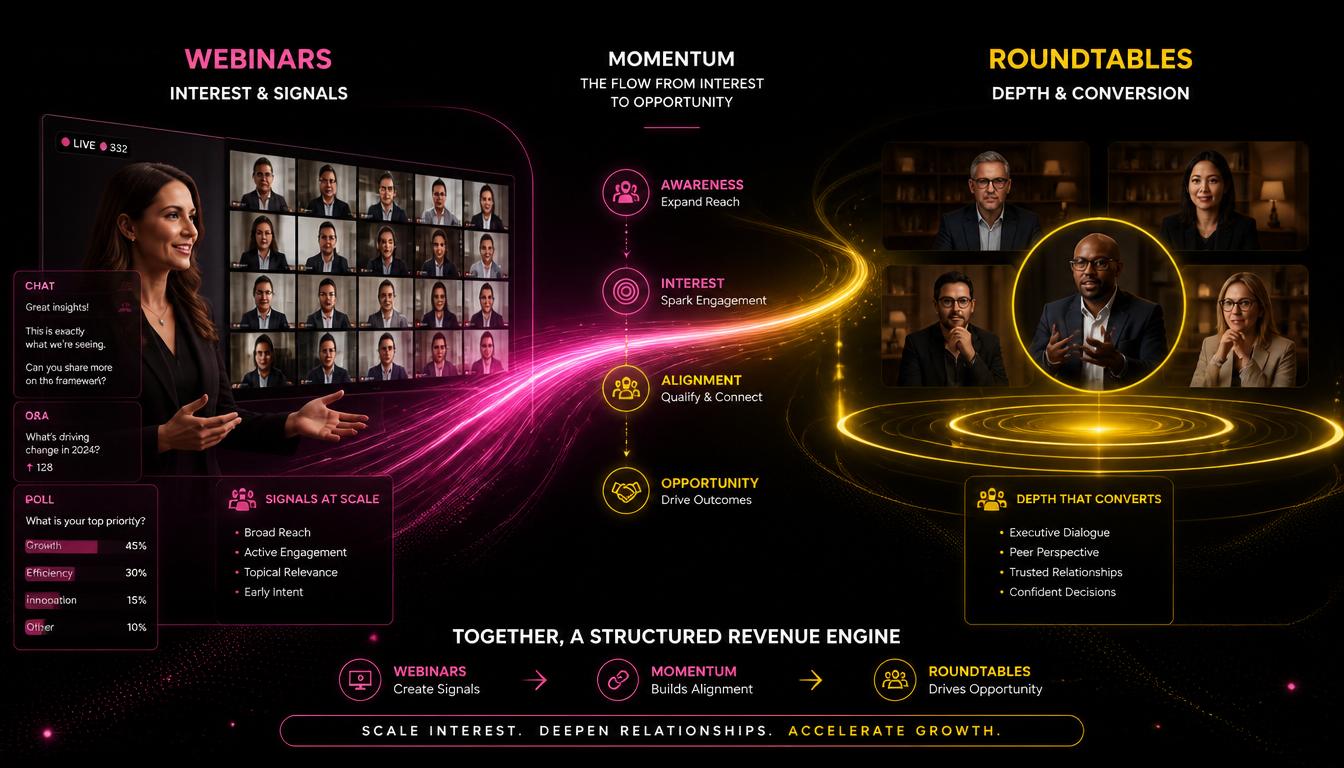 A cinematic infographic showing the progression from executive webinars to virtual roundtables. The left side depicts a large‑scale webinar generating interest and early‑stage signals, while the right side shows a small senior roundtable building trust and deeper conversation. A flowing pink‑to‑yellow gradient pathway connects both formats, symbolising momentum through the commercial journey.