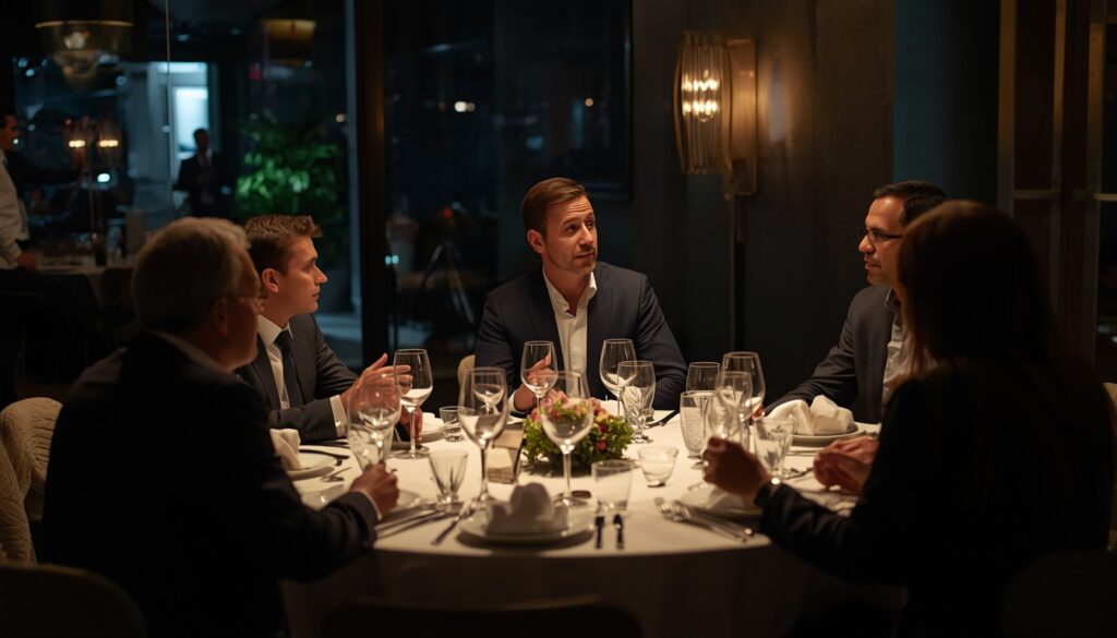 Executives engaged in dinner conversation