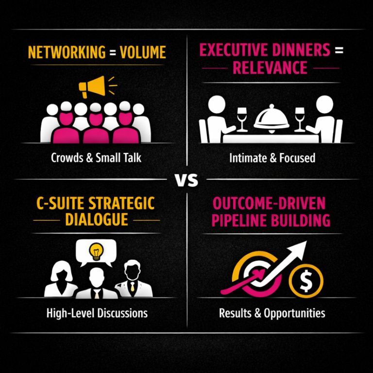 Infographic contrasting networking events and executive dinners using Convene X Events’ brand colours: black, white, pink (#FF1FA9), and yellow (#FCD500). The design features four panels — Networking = Volume, Executive Dinners = Relevance, C‑Suite Strategic Dialogue, and Outcome‑Driven Pipeline Building — illustrating the shift from large‑scale social interactions to curated, high‑trust, outcome‑focused conversations among senior leaders.