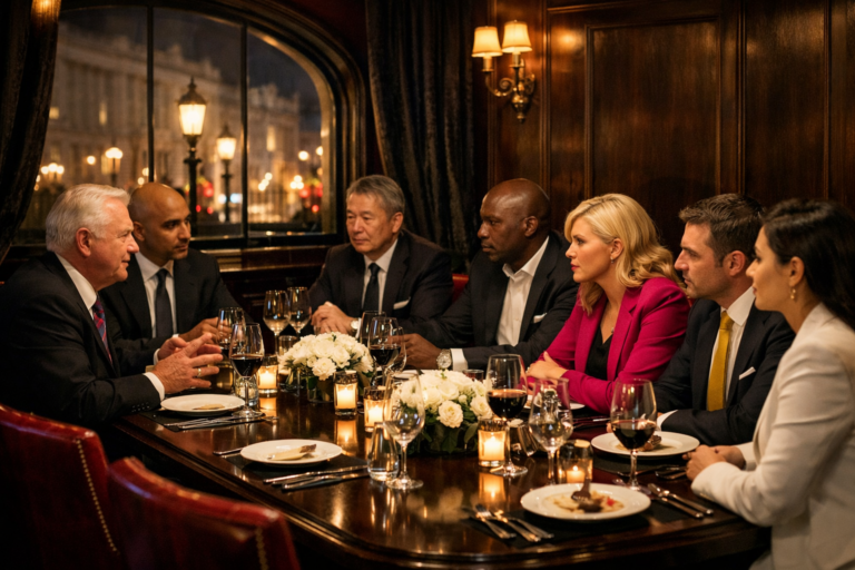 Hyper‑realistic private dining London executive dinner scene in Mayfair — eight C‑suite leaders in deep conversation around a dark mahogany table, crystal glassware, and candlelight ambience. Ideal for B2B lead generation, executive roundtable, and event rooms London.