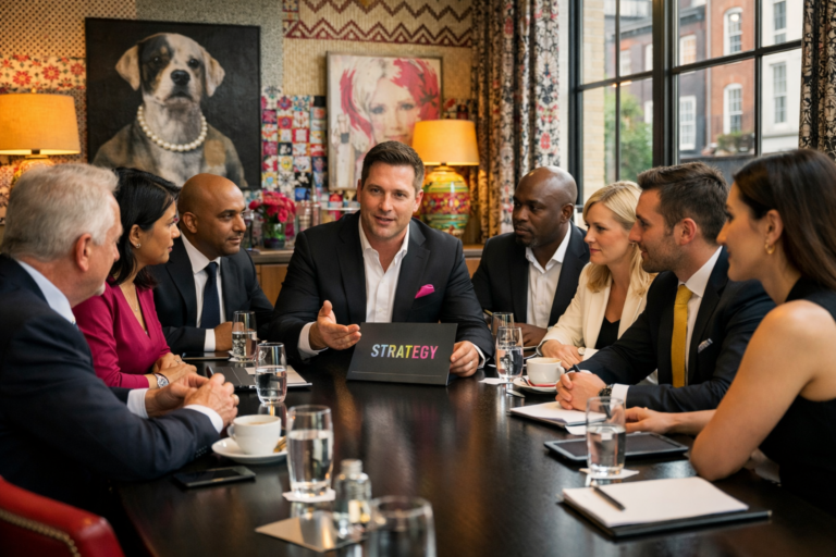 High‑end private dining London corporate roundtable in a vibrant, art‑filled boutique hotel room inspired by Kit Kemp design. Ten executives in focused discussion around a sleek boardroom table, ideal for B2B lead generation and executive roundtable events.