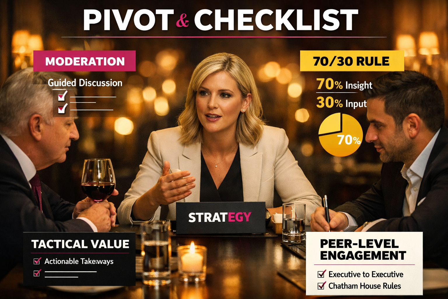 Private dining London executive dinner infographic showing the 70/30 rule, moderation checklist, and tactical value of peer‑level engagement for B2B lead generation.