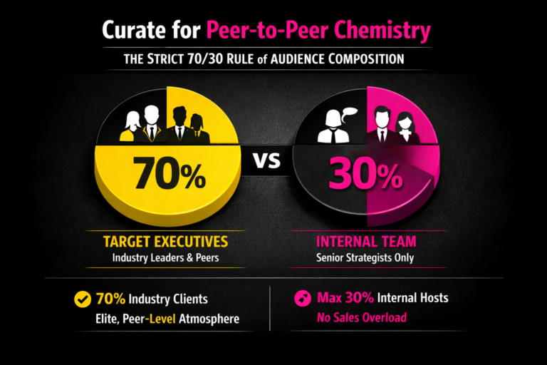 Infographic illustrating the 70/30 audience composition rule for executive dinners in private dining rooms in Mayfair. Shows two pie charts representing 70% target executives and 30% internal hosts, emphasising peer‑to‑peer chemistry, seniority alignment, and premium event curation. Designed in Convene X Events’ brand colours — black, white, pink (#FF1FA9), and yellow (#FCD500).