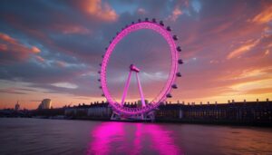 The London Eye glowing at night on the South Bank of the River Thames, London