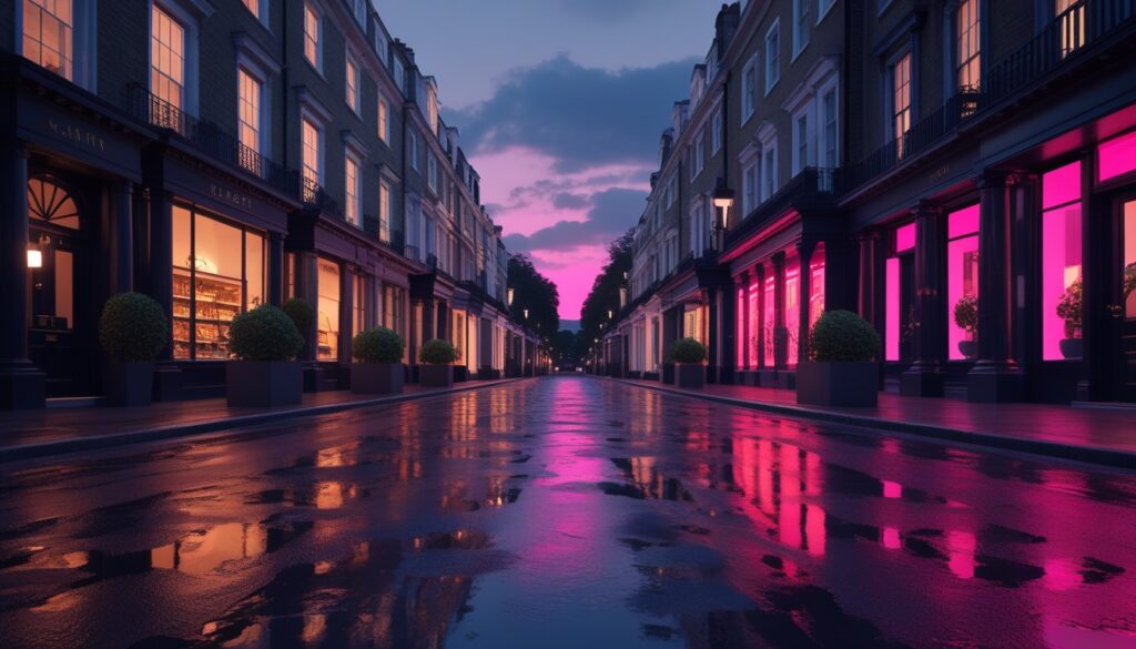 Elegant Mayfair street in London at dusk
