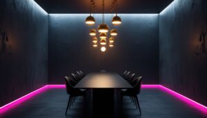 Minimalist modern luxury private dining room with dramatic golden pendant lighting