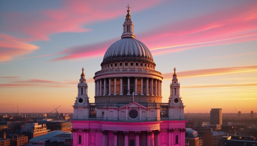 St Paul's Cathedral dome in London at sunset with a warm golden sky