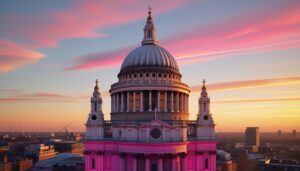 St Paul's Cathedral dome in London at sunset with a warm golden sky