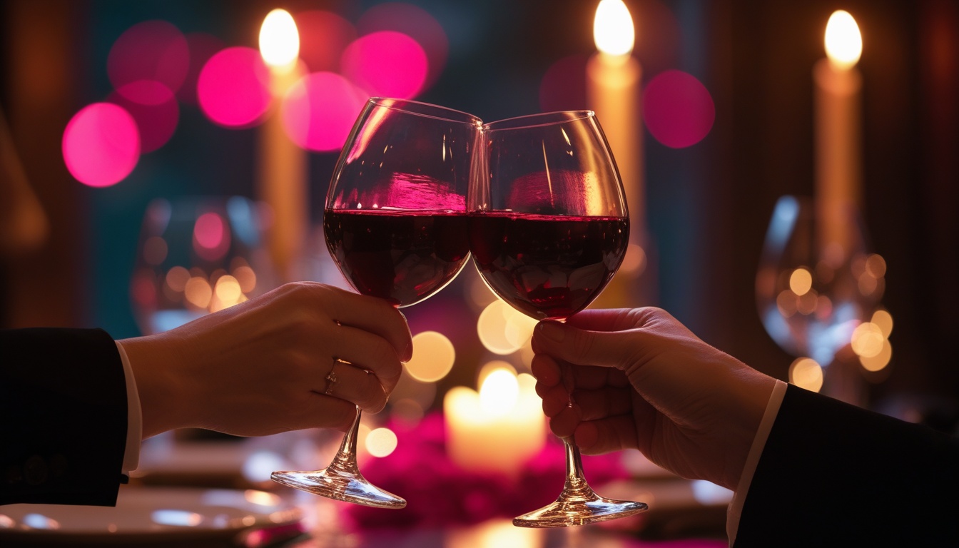 Two hands toasting with red wine glasses across a candlelit dinner table
