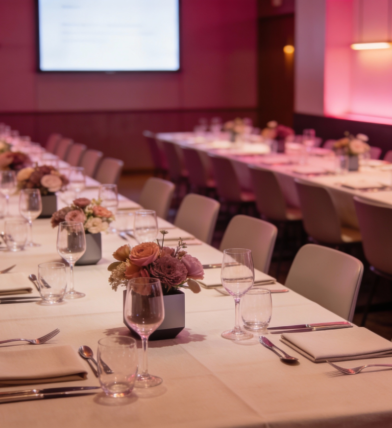 A formal dining room with two long tables, white linens, floral centrepieces, and soft pink event lighting.