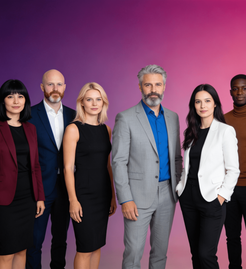 A diverse group of six professionals standing together against a purple‑to‑pink gradient background, looking confidently at the camera.