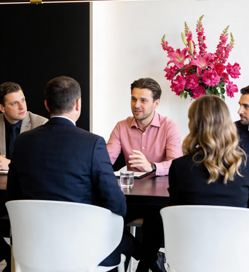 Executive Events Company Event . A diverse group of professionals in a modern meeting room with a luxury black wall and subtle pink floral accents.